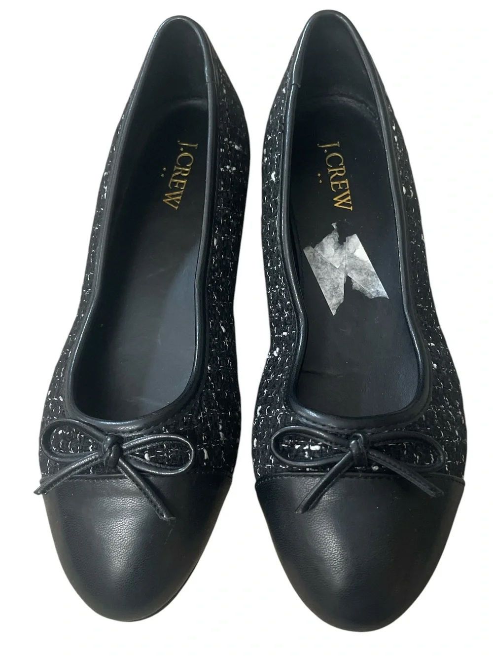 J. Crew Factory Black Tweed & Leather Ballet Flats with Bow